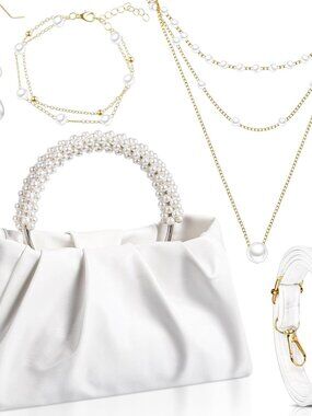 4 Pcs Evening Clutch Purse with Pearl Jewelry Sets,Clutch Bag Pearl Earrings Nec